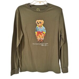 Polo Ralph Lauren Boys Olive Green Long Sleeve Polo Bear Graphic T-Shirt S 14-16